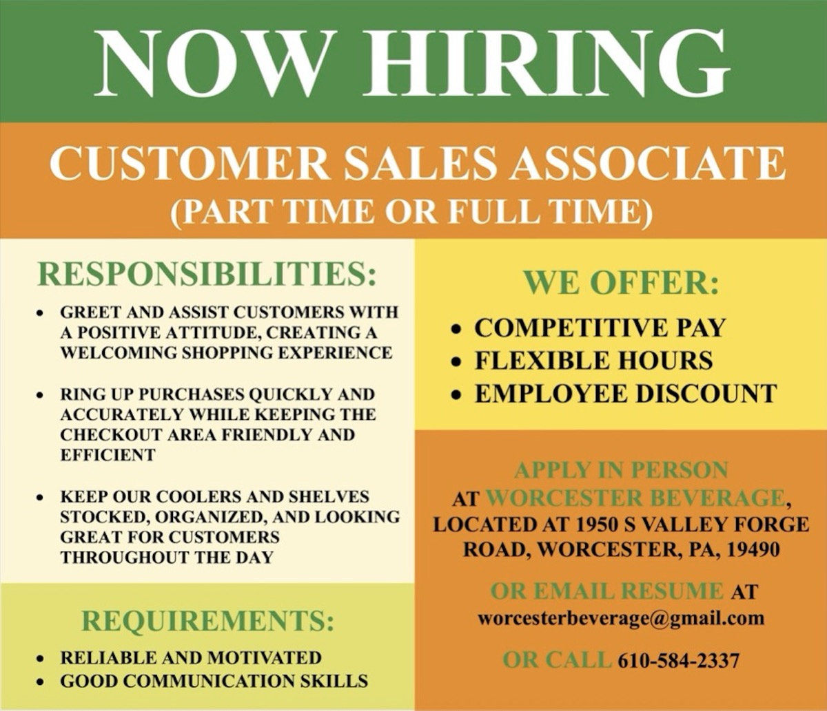 Worcester Beverage is now hiring - Customer Sales Associate